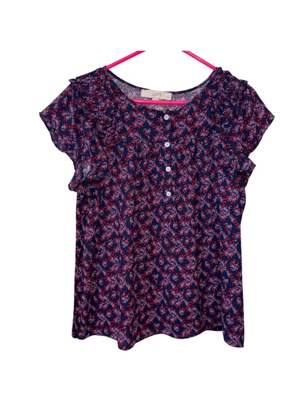 LOFT Petites Floral Print Button Front Ruffled Sleeve Blouse L